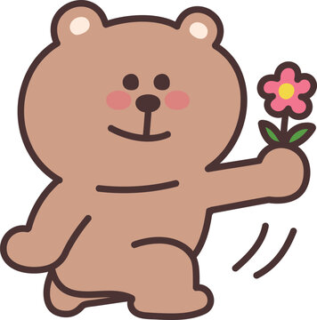 recommend clip art: Cartoon teddy bear presents someone with a flower. Vector illustration isolated on a transparent background.