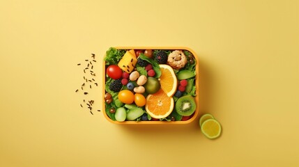 Vibrant Organic School Lunch Presentation: Top View of Eco-Conscious Lunchbox Filled with Nutritious Treats, Fruits, Veggies, and More on a Yellow Surface - Ideal for Healthy Eating Education