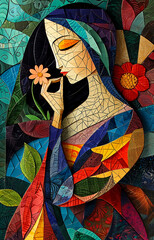 Illustrated woman Portrait in cubism art Style, Colorful Mosaic 