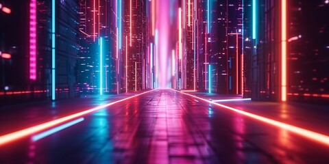 A futuristic composition of intersecting lines and glowing neon colors. Aim for a cyberpunk-inspired aesthetic. Use long exposure techniques to capture light trails and create a sense of motion.  - obrazy, fototapety, plakaty
