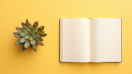 Captivating Overhead View of Succulent Plant on Half Yellow and Beige Table with Clear Textbook – Minimalistic Design Photo