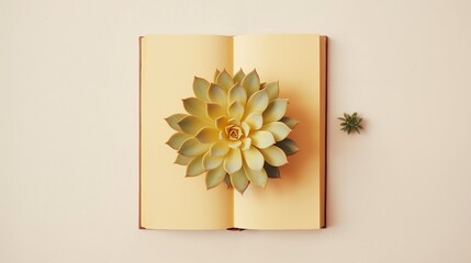 Captivating Overhead View of Succulent Plant on Half Yellow and Beige Table with Clear Textbook – Minimalistic Design Photo