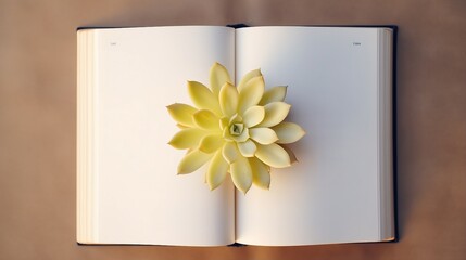 Captivating Overhead View of Succulent Plant on Half Yellow and Beige Table with Clear Textbook – Minimalistic Design Photo