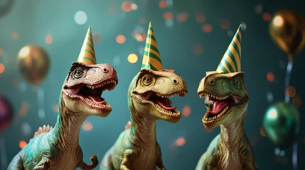 Küchenrückwand glas motiv Dinosaurier Grußkarte Kartenmotiv für Geburtstagsfeier mit lustigen fröhlichen lachenden Dinos mit Partyhut Konfetti und Luftschlangen Generative AI © Imagecreator