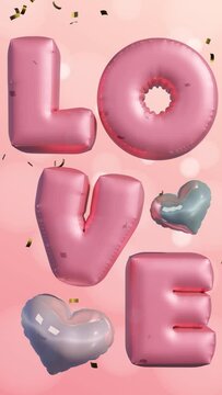 Sweet pink 3D rendering animated vertical video with inflated text "LOVE" on a pastel pink background. Suitable for love and Valentine's content. Seamless loop digital video clip.