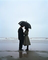 Couple embracing on a stormy beach