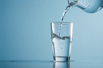 Water being poured into a glass placed against a wet light blue backdrop