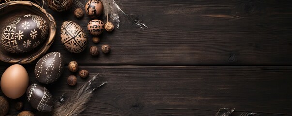Frame with easter eggs and feathers on dark wooden background. Happy Easter concept. Simple spring template, greeting card, banner. Top view, flat lay with copy space