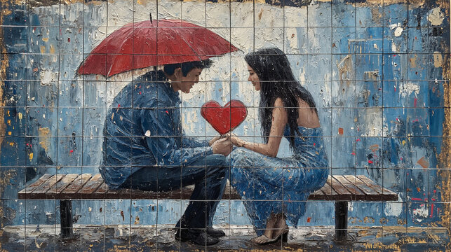 Romantic Rainy Evening Cityscape with Couple Sharing Umbrella