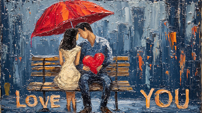 Romantic Couple with Red Umbrella and Heart-Shaped Balloon Painting