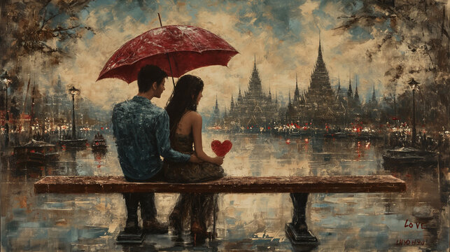 Romantic Couple Embracing in Rainy Cityscape Oil Painting