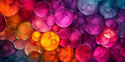 An abstract pattern created with overlapping circles and vibrant colors. Experiment with different transparencies and blending modes to achieve a layered effect.