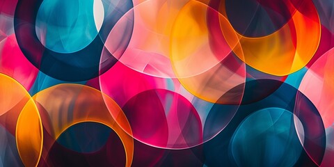 An abstract pattern created with overlapping circles and vibrant colors. Experiment with different transparencies and blending modes to achieve a layered effect. - obrazy, fototapety, plakaty