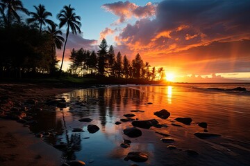 Obraz premium Beautiful orange sunrise in nature. Majestic mountains and lake, sea or ocean, Early fresh morning landscape. AI Generative