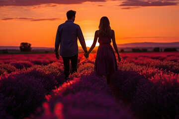 Couple takes a leisurely stroll through a lavender field, inhaling the soothing aroma and relishing the sensory experience, Generative Ai - obrazy, fototapety, plakaty