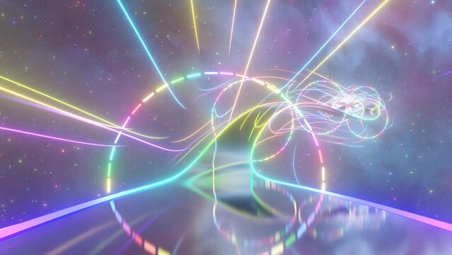 Fly Over 3D Rainbow Road In Outer Space With Bright Neon Reflections - 4K Seamless VJ Loop Motion Background Animation