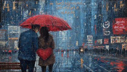 Romantic Couple in Rainy Cityscape Oil Painting