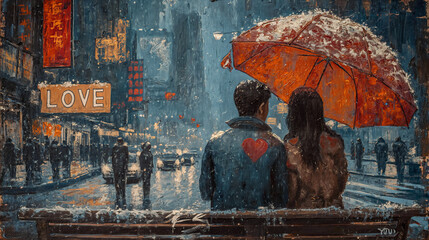Romantic Urban Mural of Couple Sharing Love Under a Red Umbrella