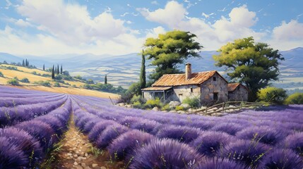 Idyllic landscape painting of a rustic countryside home amidst lavender fields, with cypress trees and rolling hills under a sunny sky