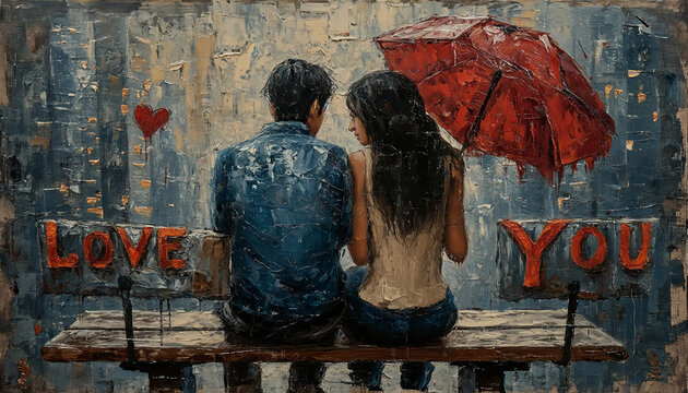 Intimate Couple with Red Umbrella in Love-Inspired Oil Painting