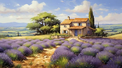 Fotobehang Idyllic landscape painting of a rustic countryside home amidst lavender fields, with cypress trees and rolling hills under a sunny sky © Jennifer
