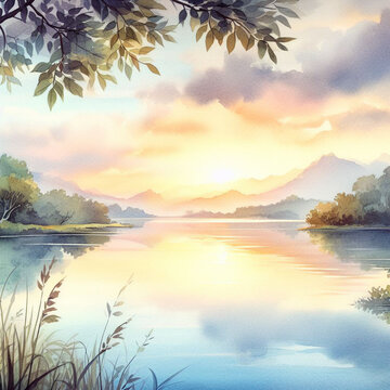 A Watercolor Journey to an Enchanting Lake © art illustrations