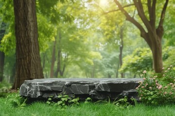 Naklejka premium Stone podium table top floor on grass outdoors blur fresh green tropical forest tree nature background.Organic healthy natural product placement pedestal stand display. generative ai.