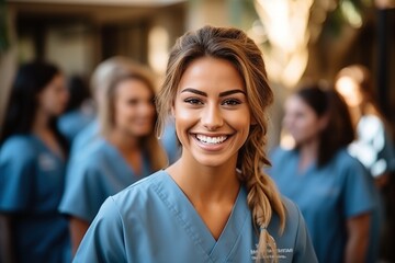 Fototapeta premium Confident young female nurse with colleagues in the background
