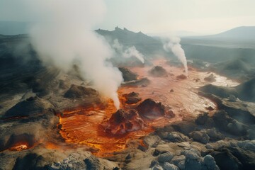 Fumes and smoke from a hydrothermal land geyser