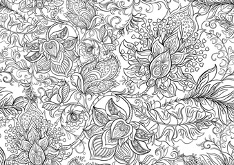 Obraz premium Fantasy flowers in retro, vintage, jacobean embroidery style. Seamless pattern, background. Outline Vector illustration.