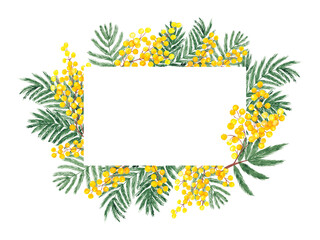 Elegant border frame of hand painted watercolor spring flowers. Yellow mimosa cute watercolor illustration background for invitations and cards. Acacia wedding and stationery design template