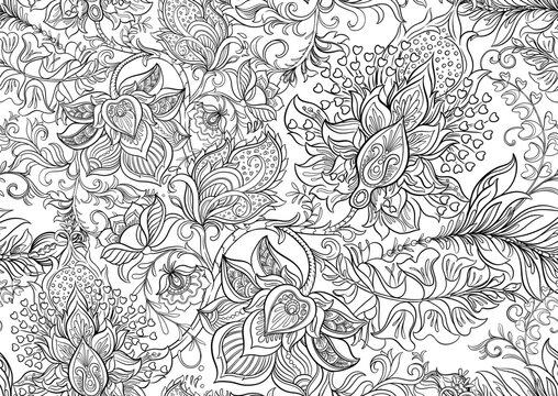 Fantasy flowers in retro, vintage, jacobean embroidery style. Seamless pattern, background. Outline Vector illustration.