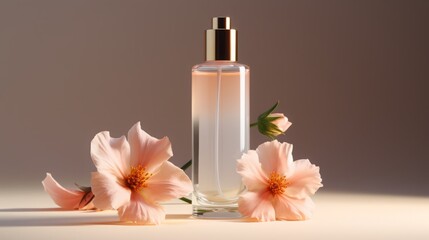 Obraz na płótnie Canvas Elegant Skincare Bottle Amidst Beautiful Blossoming Flowers