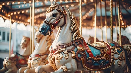 Nostalgic Elegance: Vintage Carousel with Beautifully Decorated Horses - A Captivating Journey into Timeless Equine Whimsy