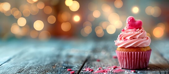 cute cupcake for valentines day  with red hearts on wooden floor with blured  light background. horizontal wallpaper, copy space for text , valentines wedding or birthday card 