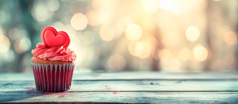 cute cupcake for valentines day  with red hearts on wooden floor with blured  light background. horizontal wallpaper, copy space for text , valentines wedding or birthday card 