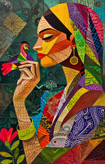 Illustrated woman Portrait in cubism art Style, Colorful Mosaic 
