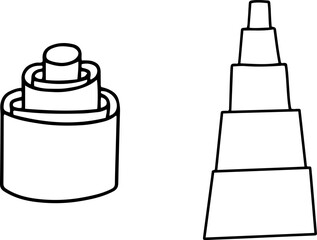 Daycare doodle icons set. Doodle kindergarten montessori toys for nursery, school - wooden pyramids. Vector illustration