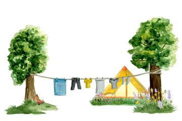 Watercolor rustic illustration drying clothes yellow tent composition isolated on white