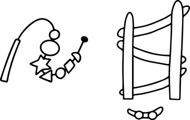 Daycare doodle icons set. Doodle kindergarten montessori toys for nursery, school. Wooden car road track and Lacing with wooden beads. Vector illustration