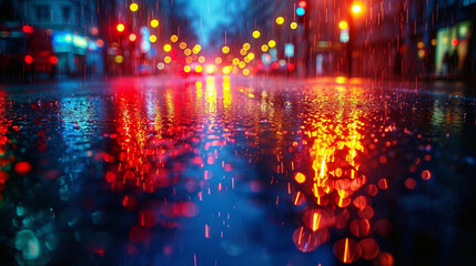 Raining on the road and beautiful neon light reflected on it - obrazy, fototapety, plakaty