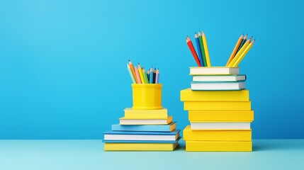Creative School Accessories Concept Photo with Stationery on a Blue Desk, Notebooks Stack, Pens, and Plastic Alphabet Letters – Vibrant Yellow Wall Background Copyspace