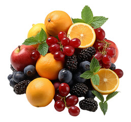 portrait of pile of fruits isolated on transparent background, generative ai