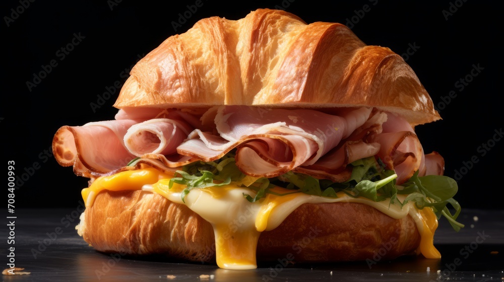 Poster a delicious ham and cheese croissant sandwich captured in a close-up realistic photo against a white