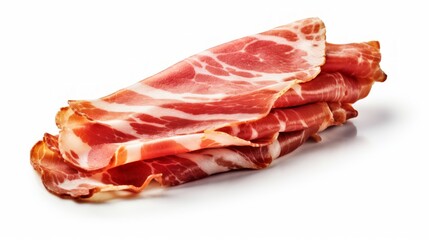 A flavorful jamon serrano showcased in a close-up realistic photo against a white background Generative AI