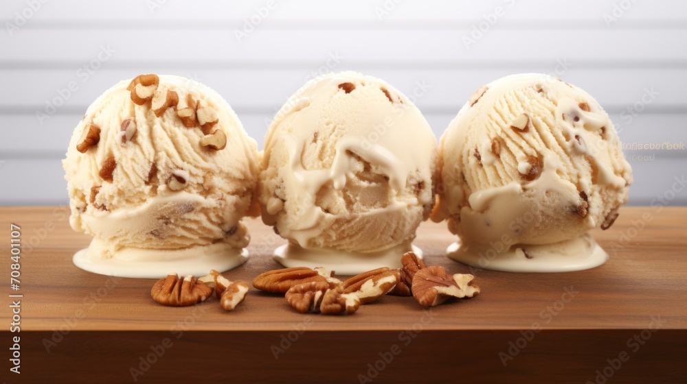 Poster a trio of butter pecan ice cream scoops captured in a close-up realistic photo against a white backg