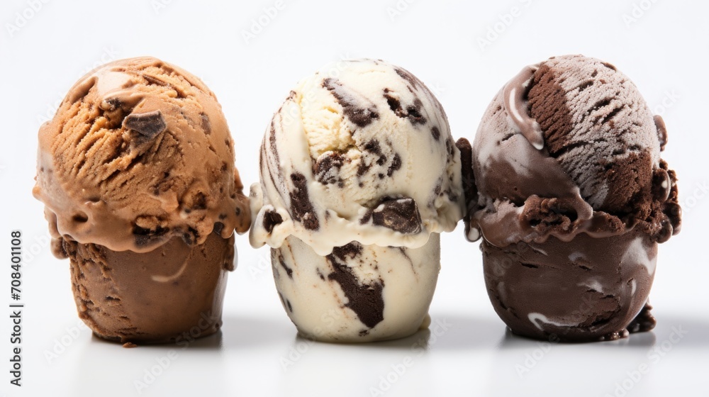 Poster a trio of rocky road ice cream scoops captured in a close-up realistic photo against a white backgro