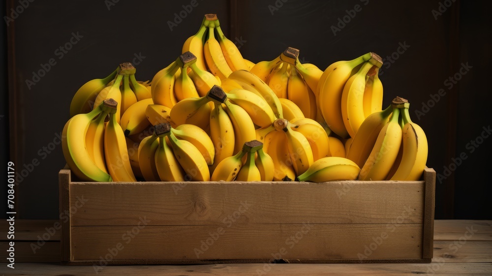 Poster box filled with golden-hued bananas, close-up realistic photo generative ai