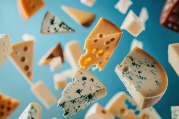 Assorted cheese pieces seemingly floating against a vibrant blue background, capturing the variety and texture of dairy delights
