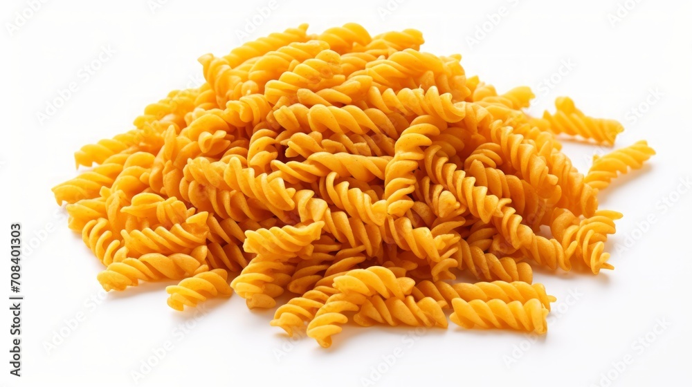 Poster Close-up realistic photo featuring a small heap of fusilli lunghi pasta on a white background Generative AI